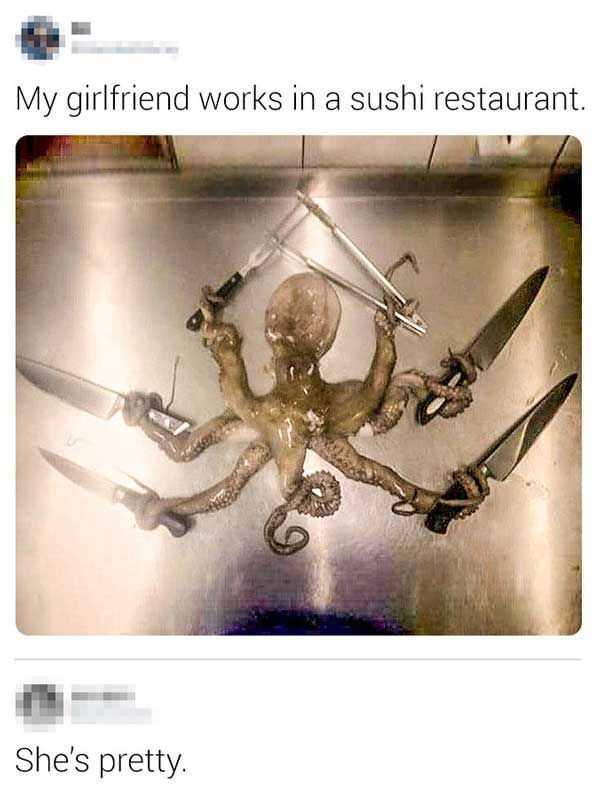 there is a picture of a octopus with two knives in it