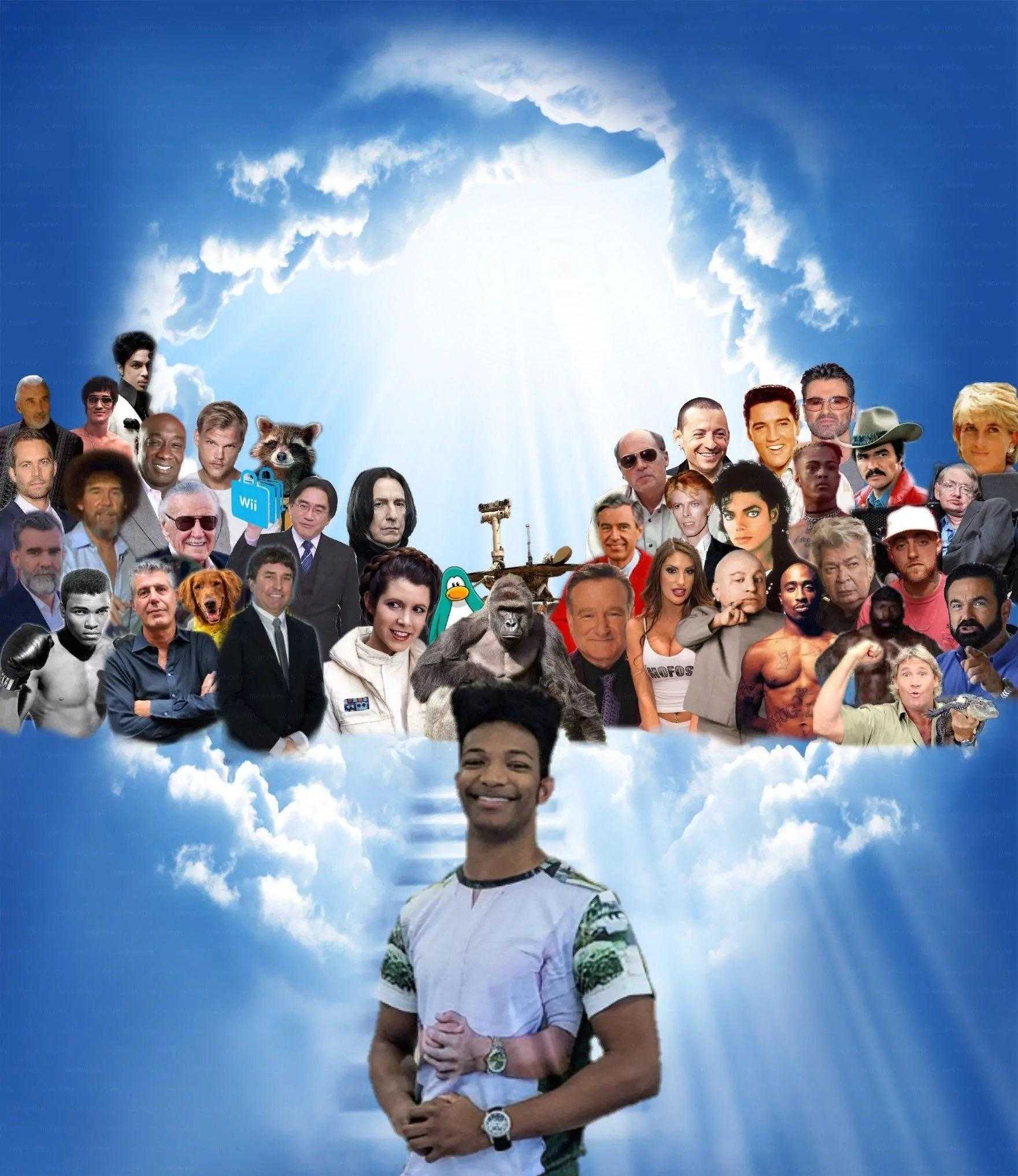 there is a man standing in front of a cloud with many people