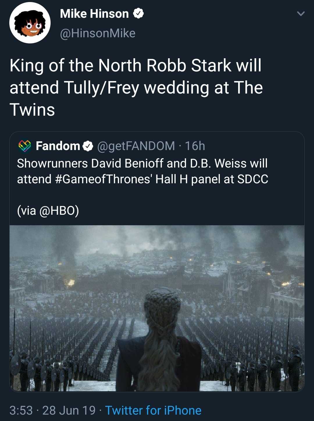 a screenshot of a twitter post with a picture of a man in a crown