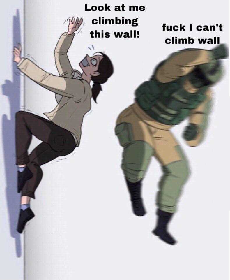 cartoon of a man and woman falling off a wall with caption saying, look at me, i ' m going this wall