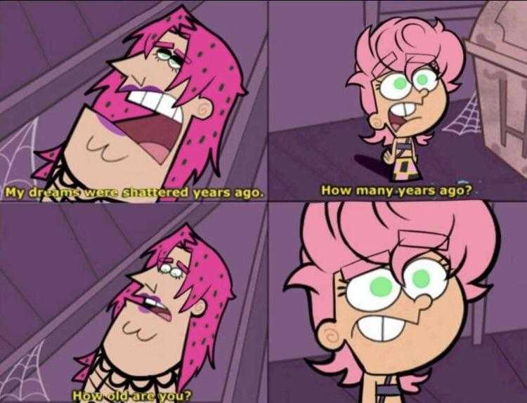 cartoon of a woman with pink hair and glasses in a room