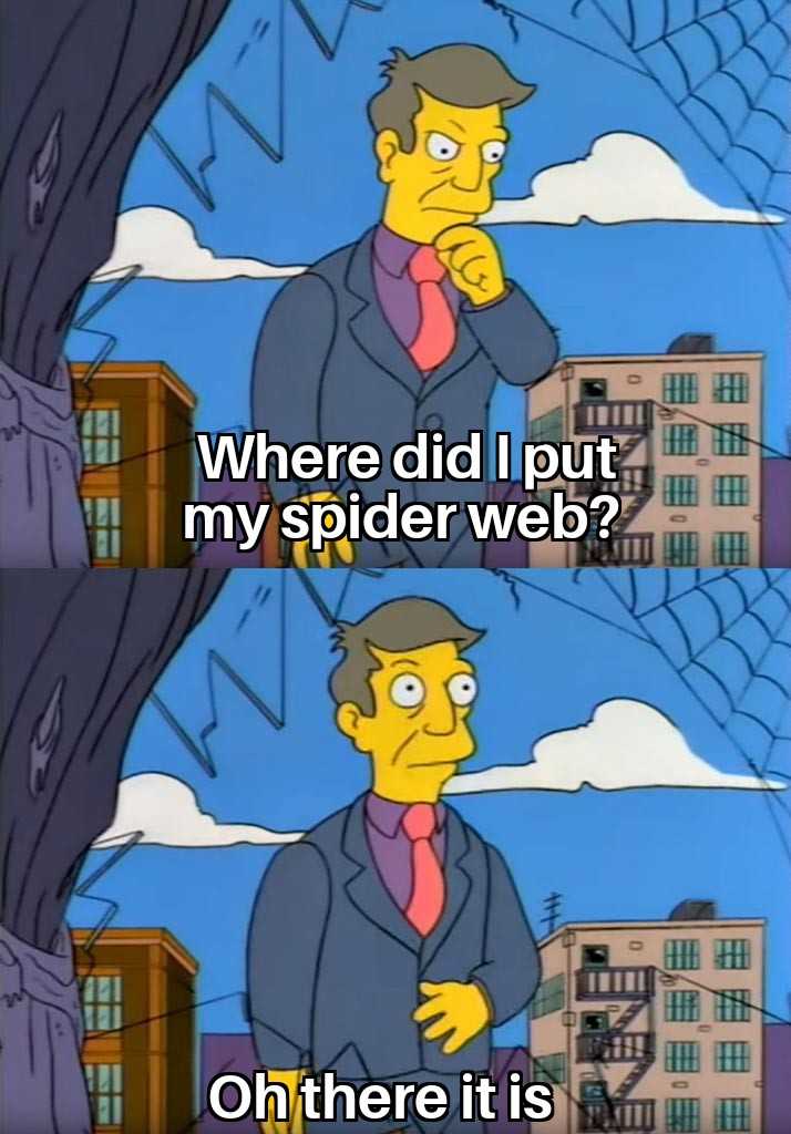 a cartoon picture of a man in a suit and tie with a caption saying where did i put my spider web? on there is no spider web?