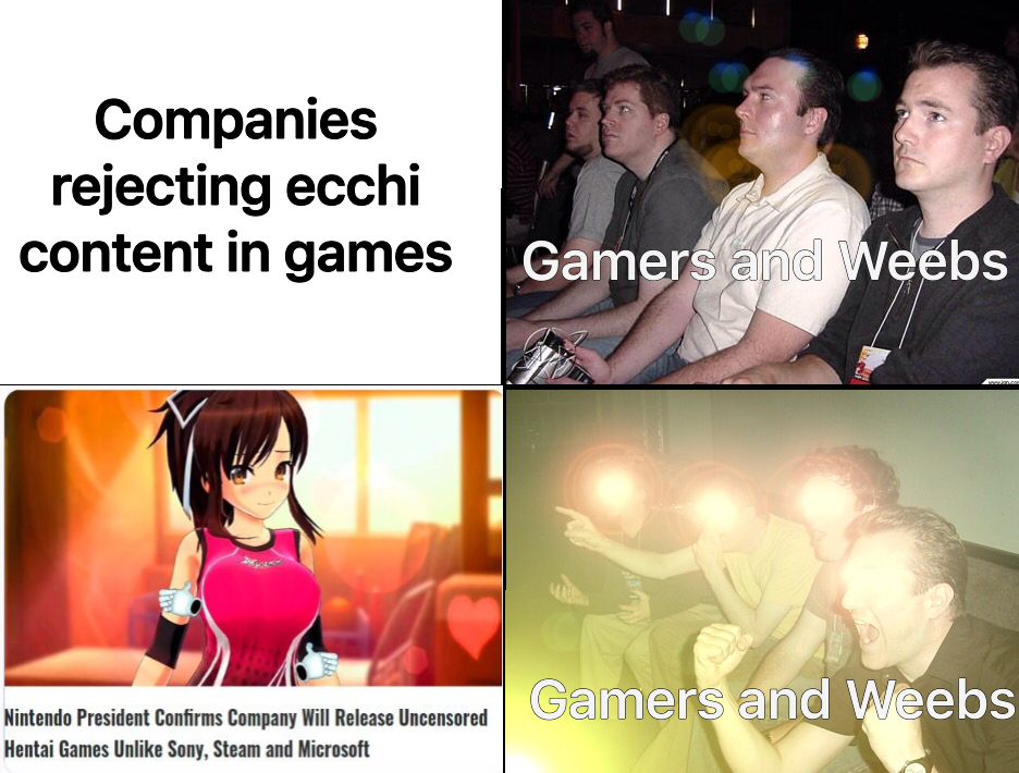 there are four pictures of people playing video games together