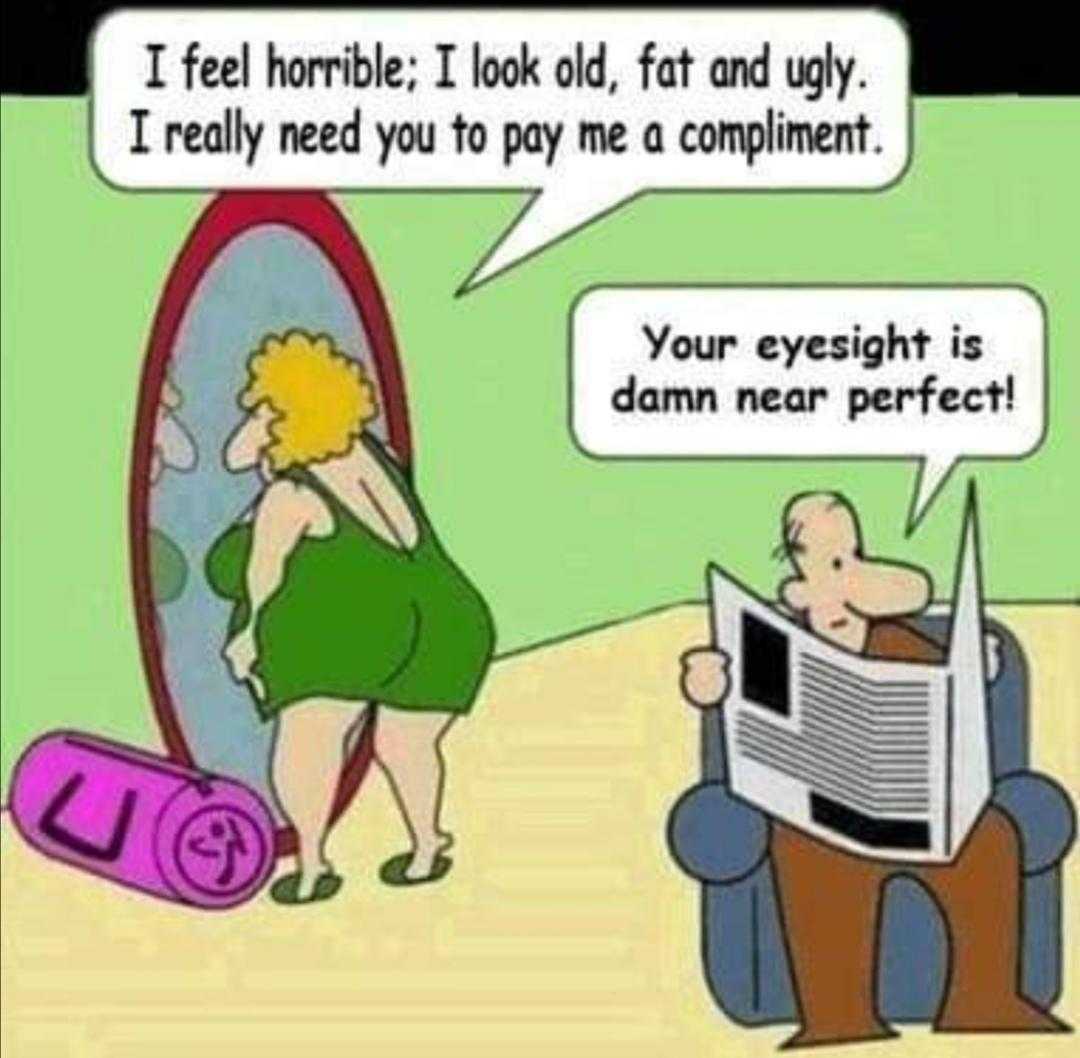 cartoon of a woman reading a newspaper while a man looks in the mirror