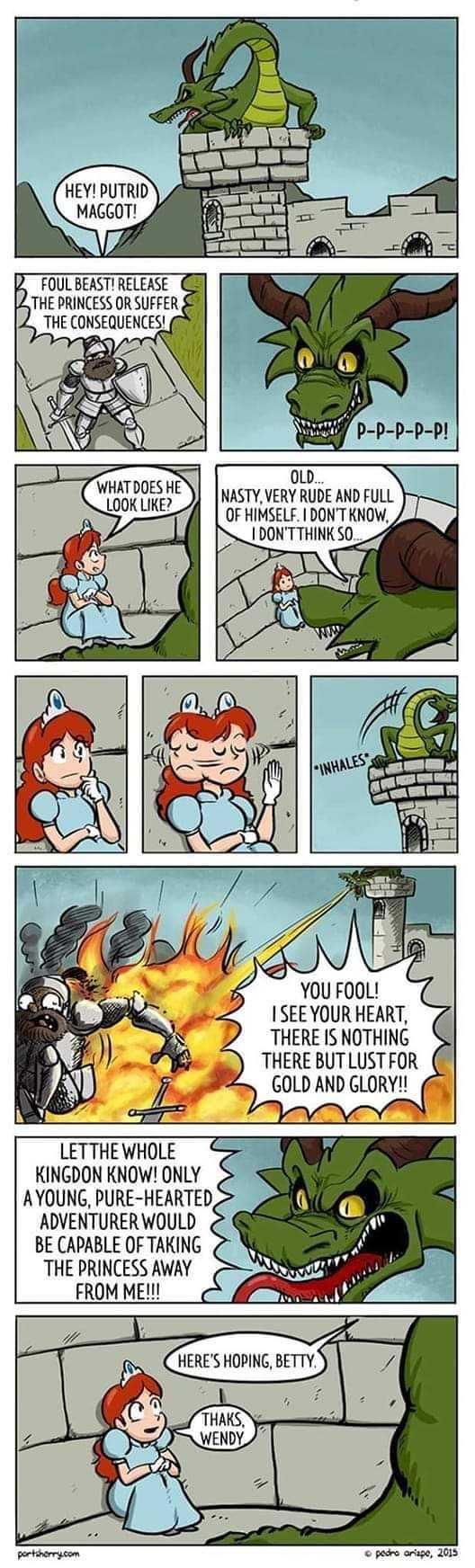 a comic strip with a dragon and a girl in a red dress