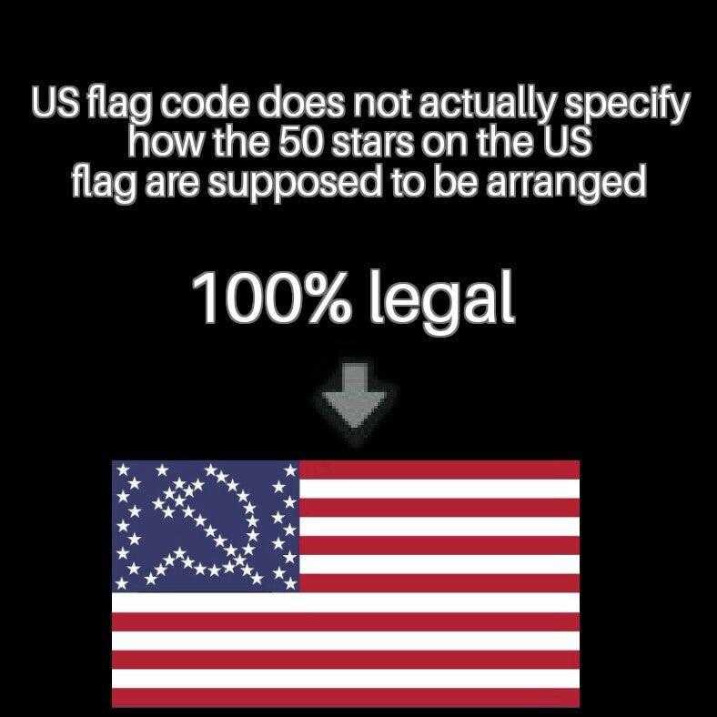 a flag with the words, us flag does not actually specify how the 50 stars on the us flag are supposed to be arranged 100 % legal