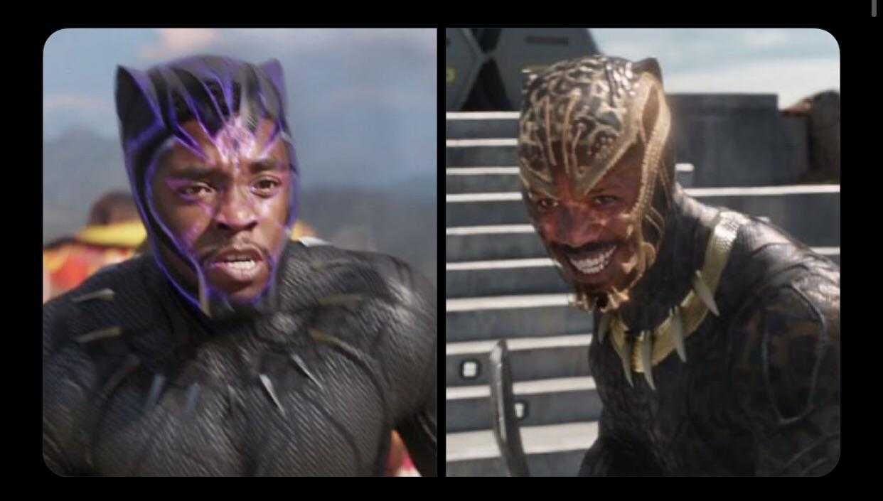 two pictures of a man with purple hair and a black panther