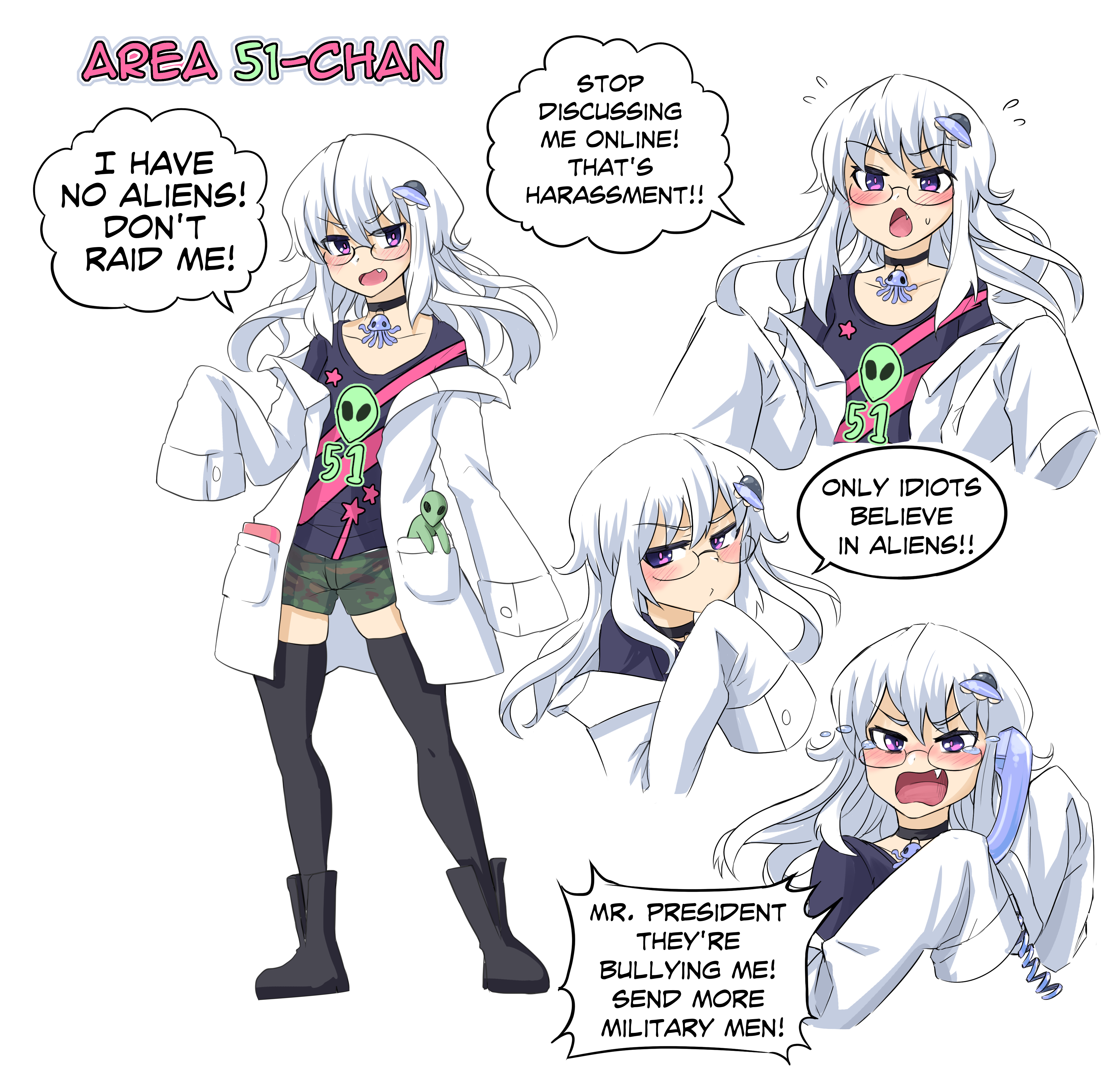 anime character sheet of a woman with white hair and glasses