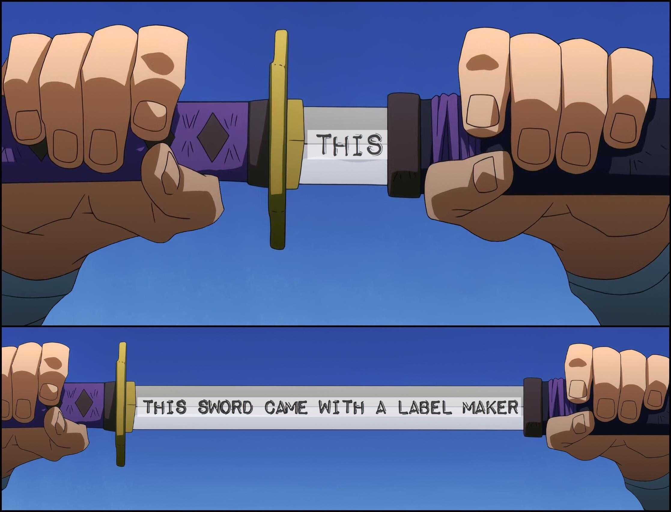 there is a cartoon of a sword with a label on it