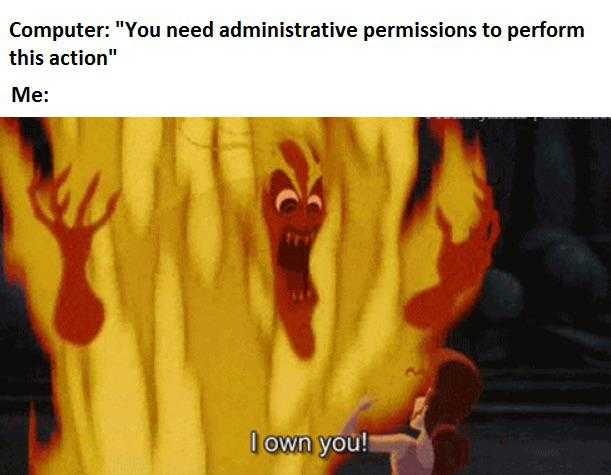 a cartoon picture of a woman standing in front of a fire with the capt of a text that reads, computer you need administrative permissions perform this action me own you