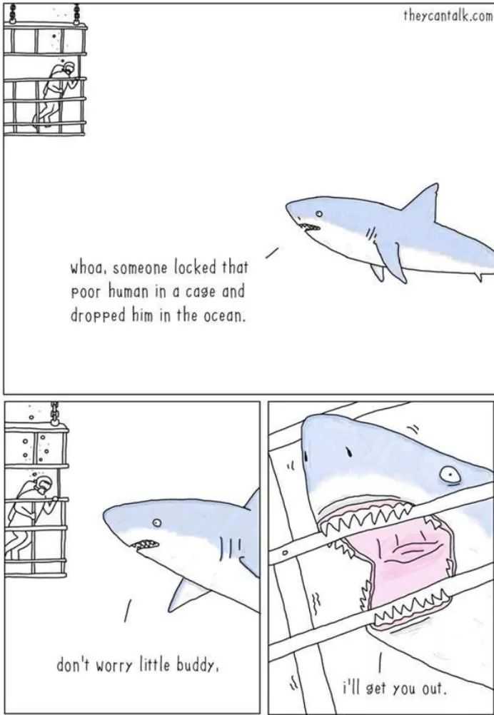 a cartoon of a shark is in a cage with a man on it