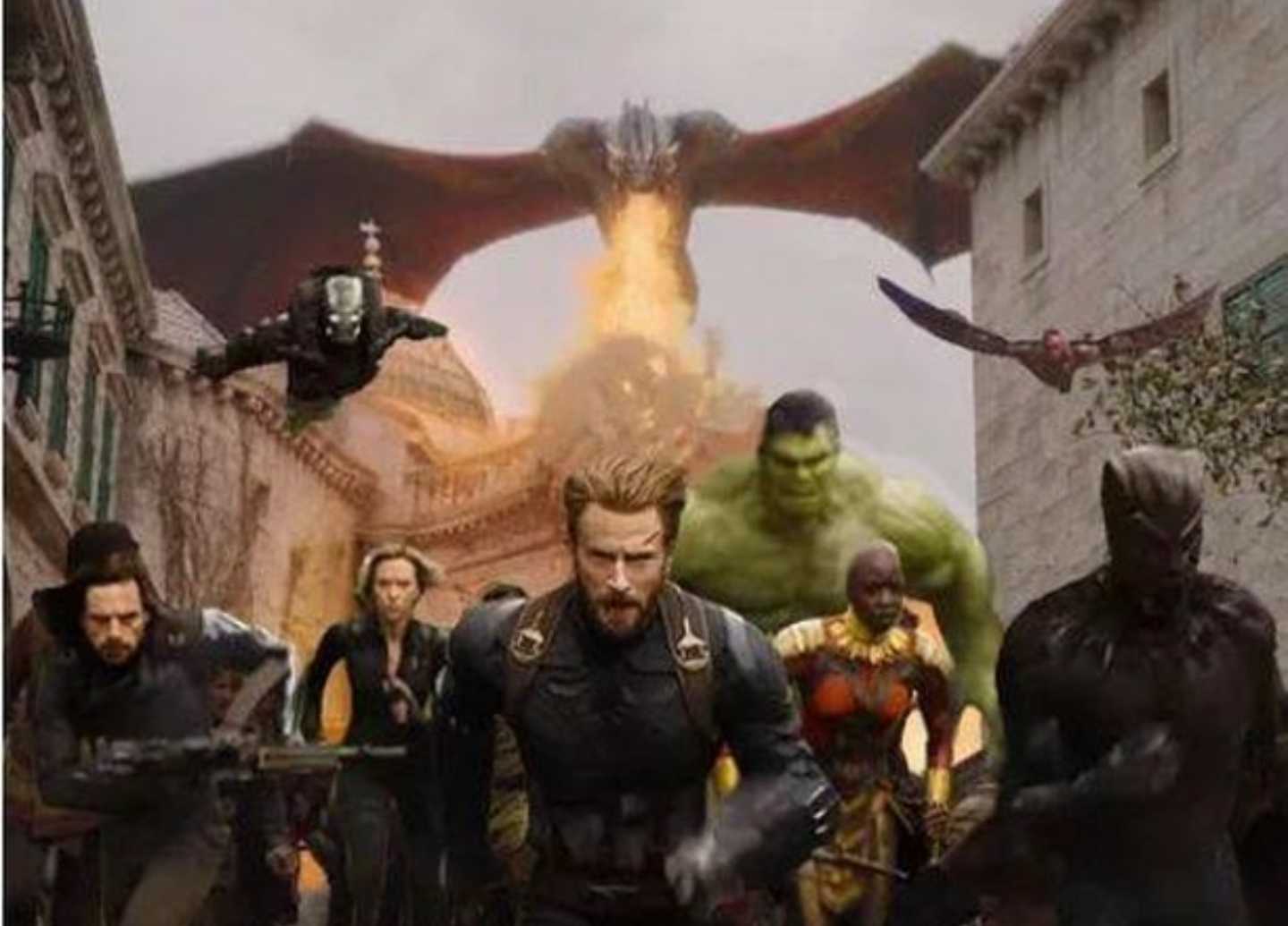 avengers are standing in front of a building with a dragon flying overhead