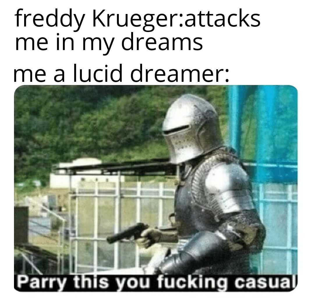 knight in armor with a gun and a caption that reads, freddy krugeratt