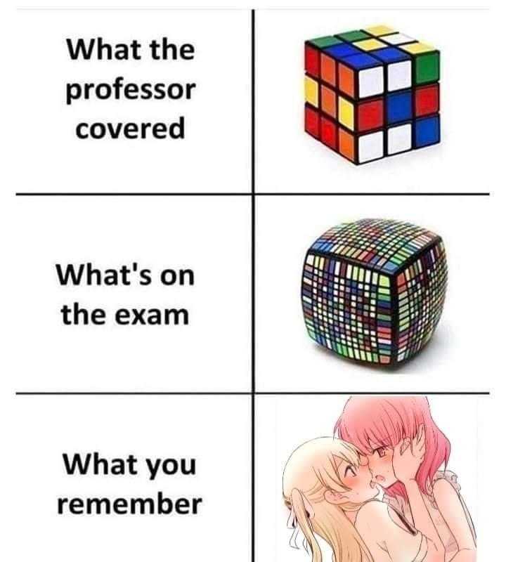 a picture of a rubik cube with the caption of what the professor covered what ' s on the exam what you remember