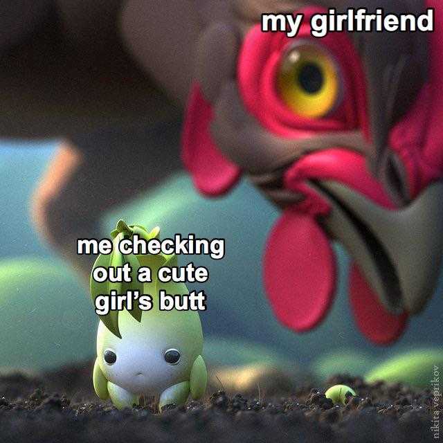 there is a cartoon picture of a chicken with a caption saying, ' my girlfriend me checking out a cute girl ' s butt '