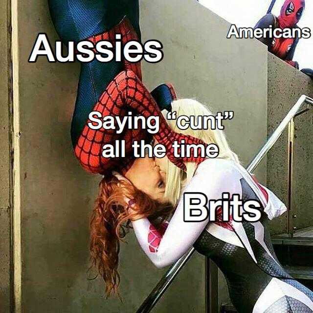 araffiction of a woman in a spider - man costume with a caption saying aussies saying ' cut ' all the time brits