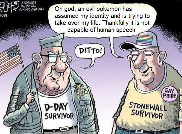 cartoon of two men with signs saying, ' oh god, an evil pokemon has asked my identity and is trying to take over my life