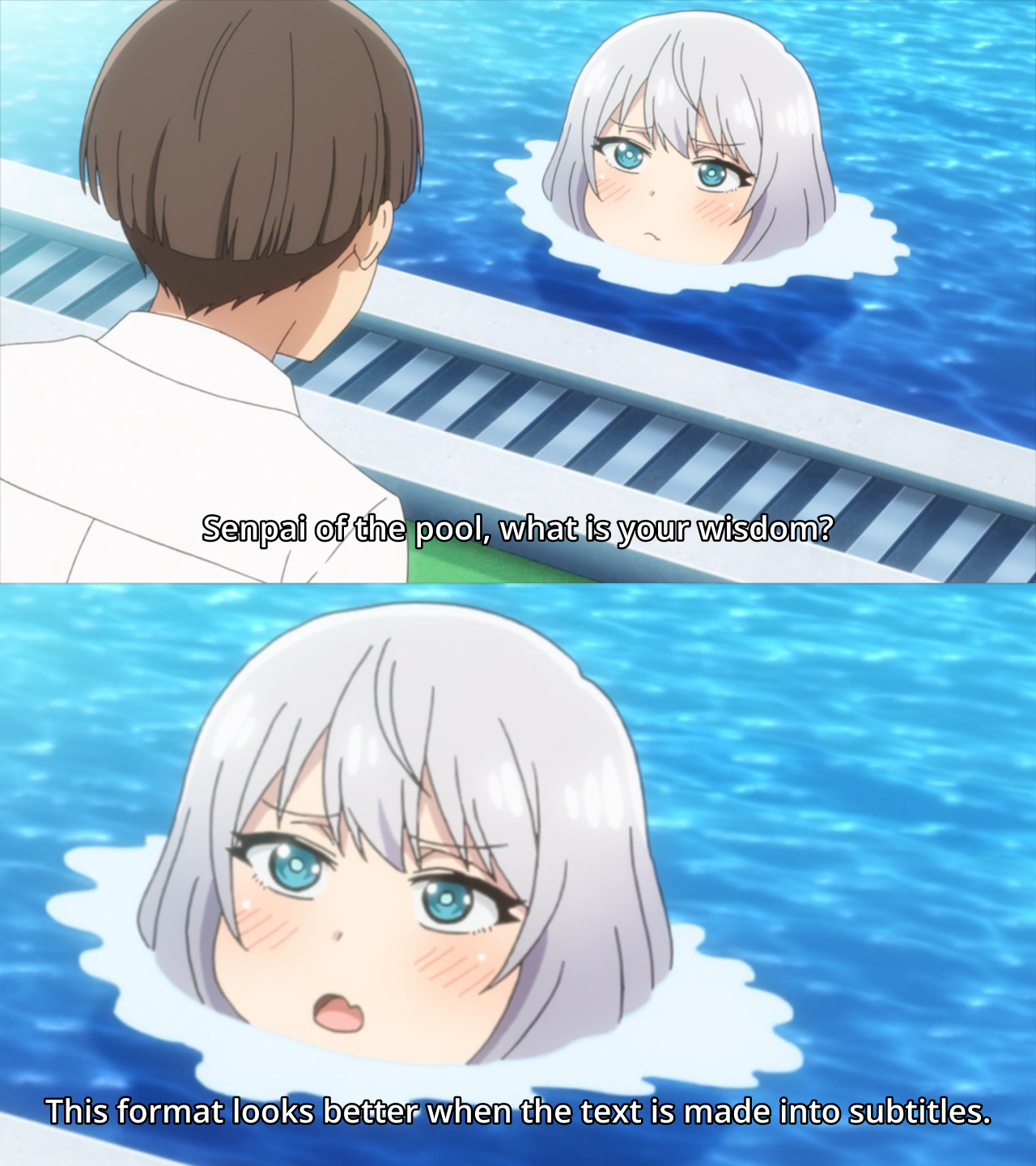 anime scene of a man and woman in a pool with a train in the background