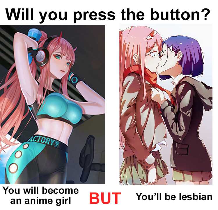 anime girl and guy with pink hair and glasses and a caption that says, will you press the button?