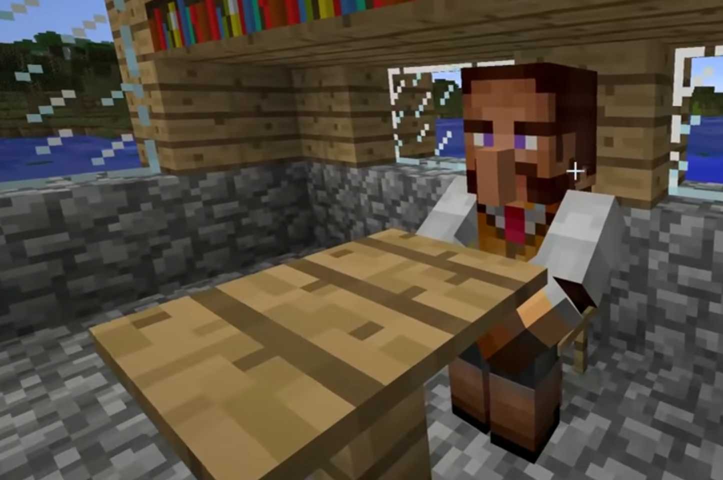 there is a man holding a knife in a minecraft room