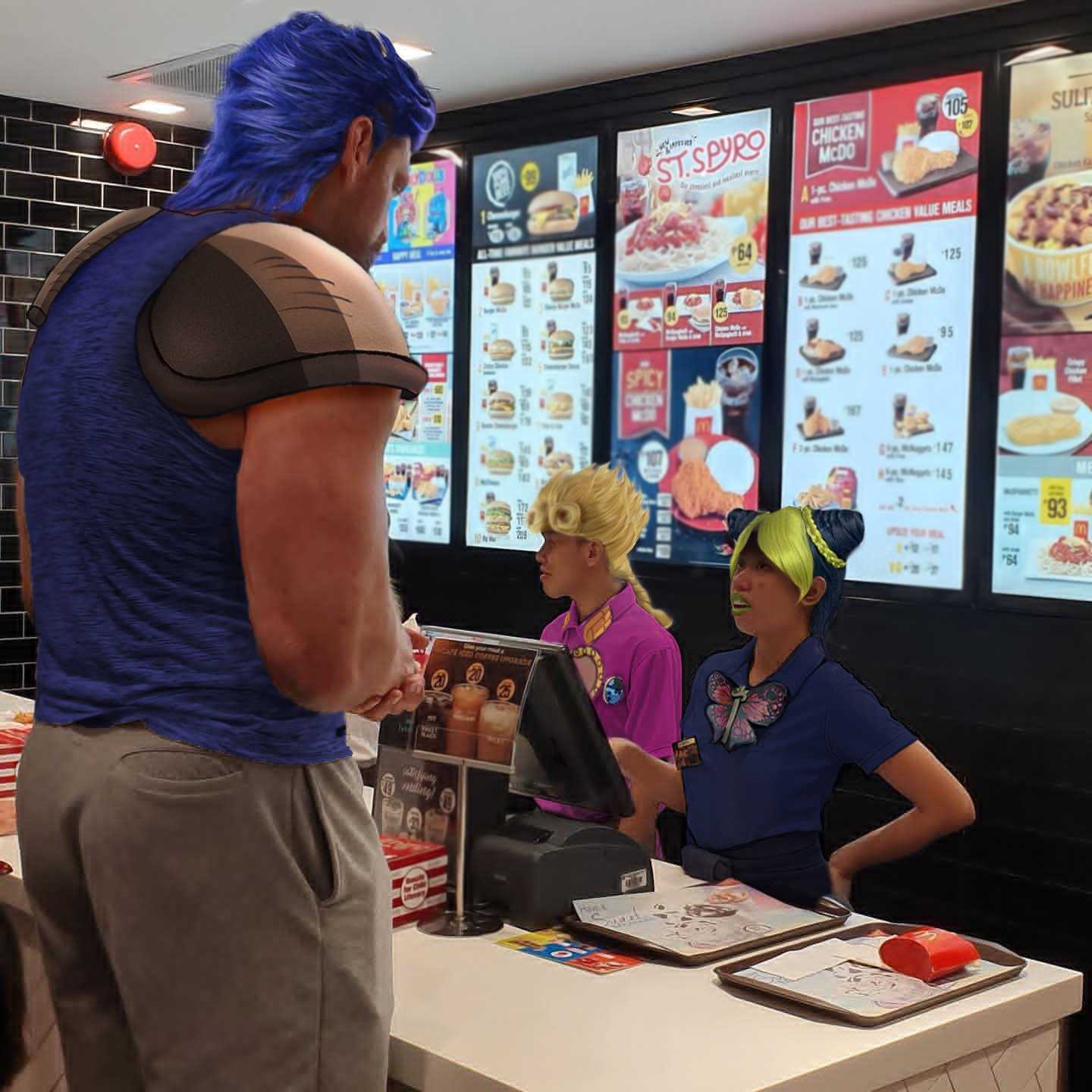 there are people standing at a counter in a fast food restaurant