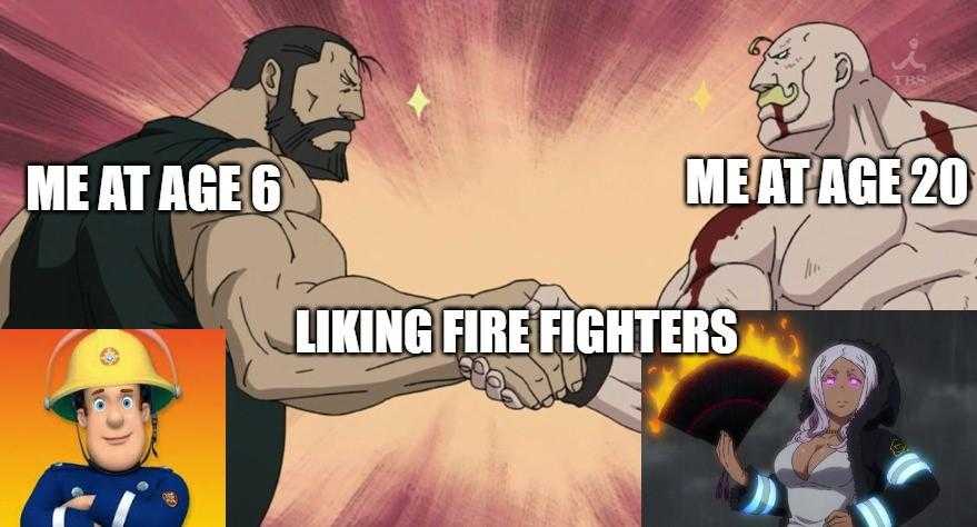 a picture taken from a meme of a firefighter shaking hands with a fireman