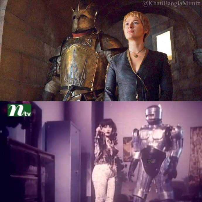 there are two pictures of a woman and a robot in a room