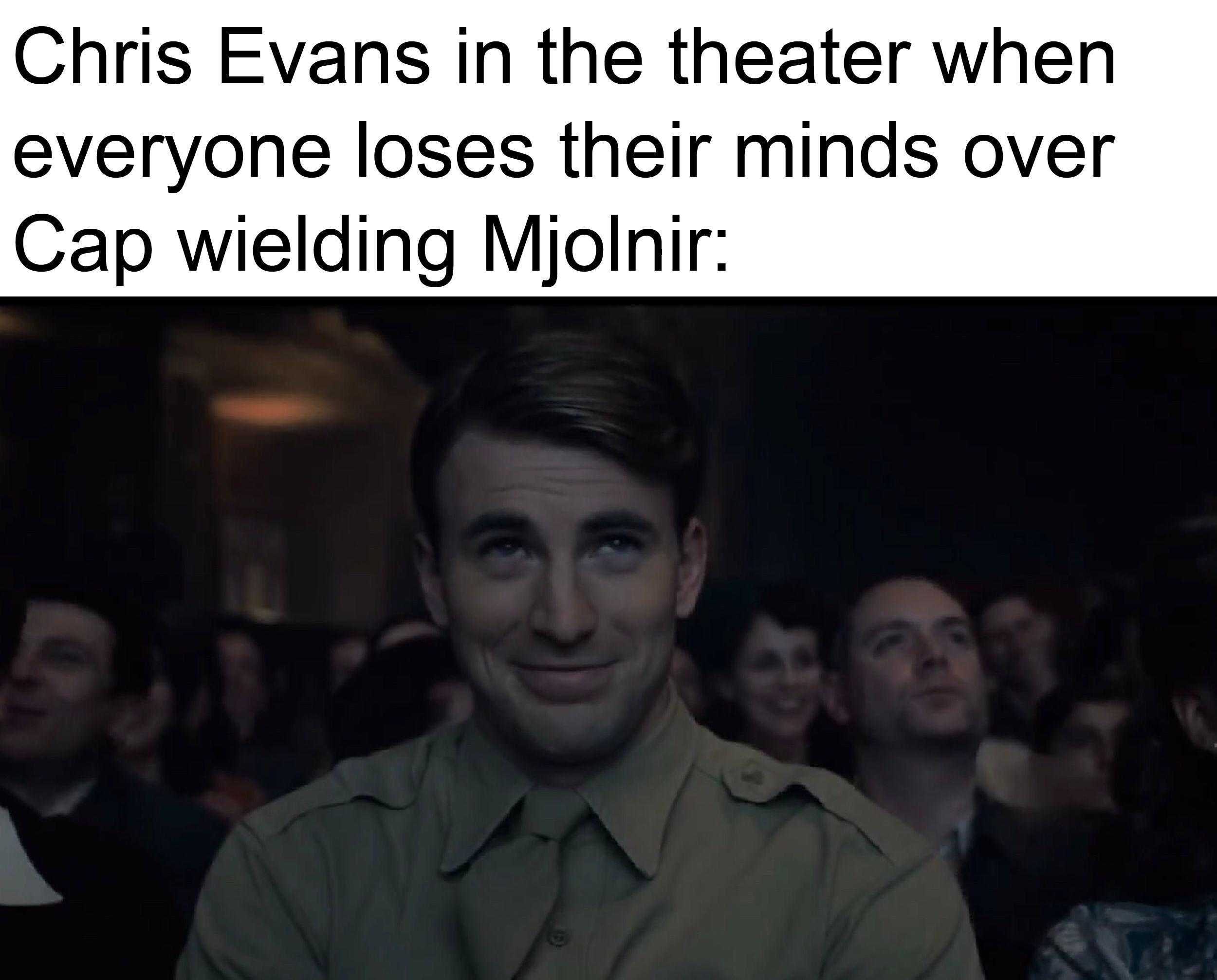 image of a man in a military uniform with a caption that reads, chris evans in the theater when everyone loses the minds over capwitting mim