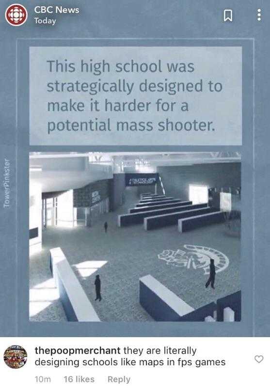 a screenshot of a school lobby with a sign that reads this high school was strategically designed to make it harder for a potential mass shooter