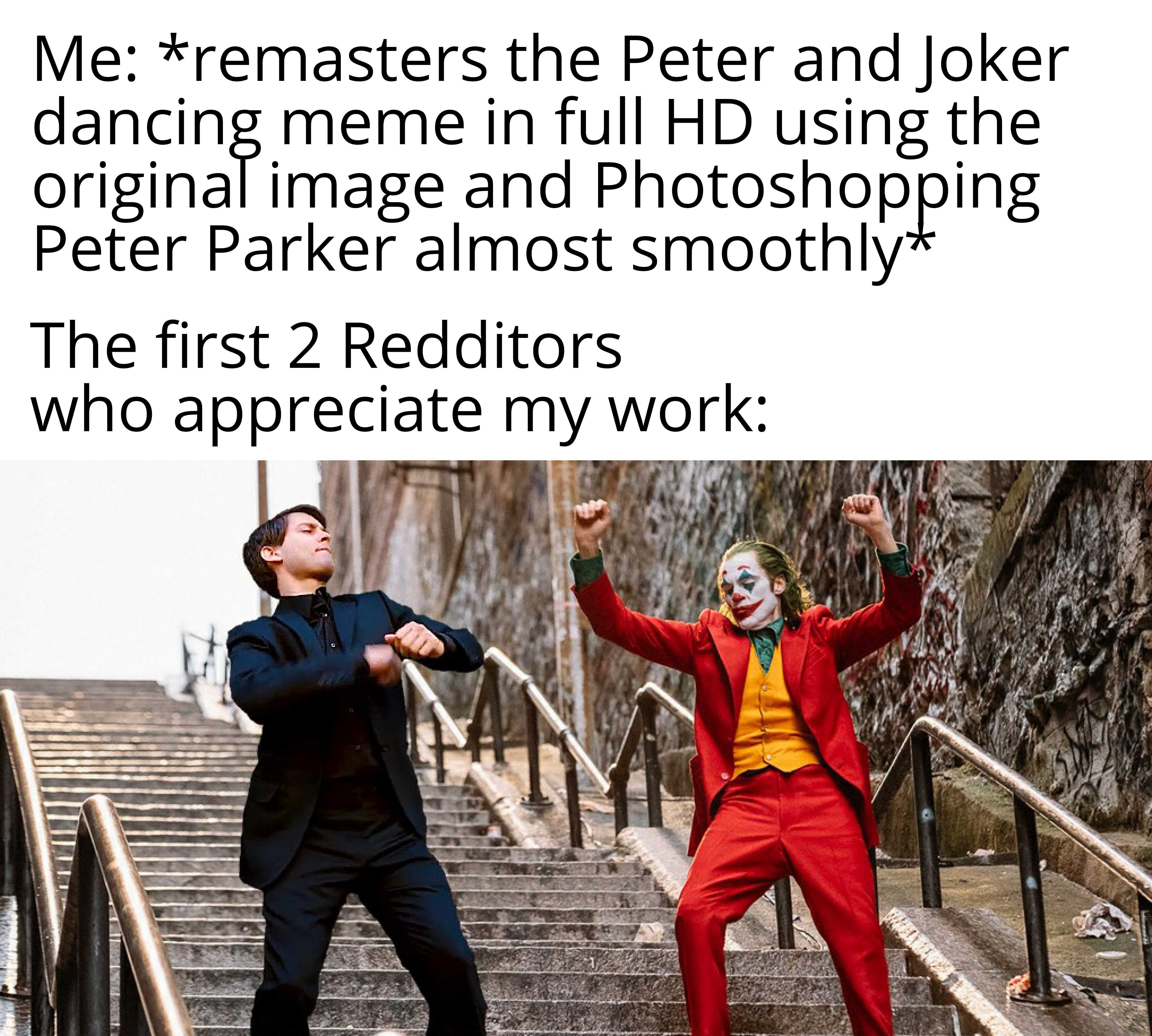 a couple of men in red suits are standing on some stairs