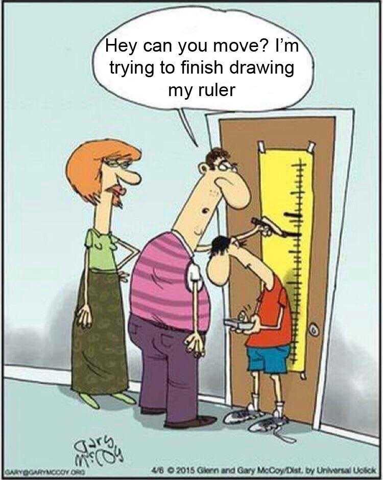 cartoon of a man measuring a child ' s height with a ruler