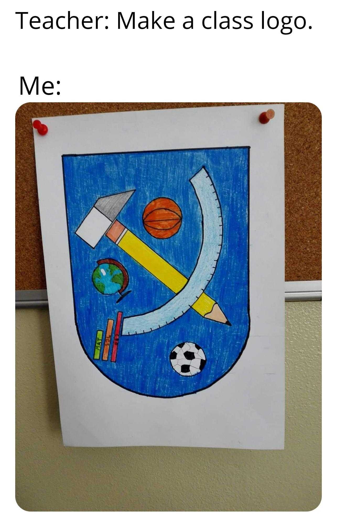 a picture of a picture of a school emblem with a pencil and a ball