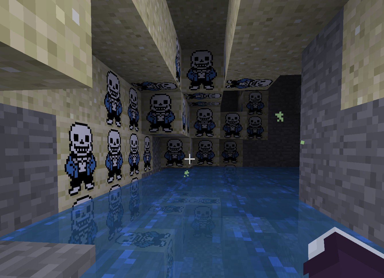 there is a room with a pool and a bunch of skulls