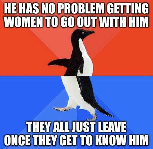 a penguin is walking on the ground with a caption saying he has no problem getting women to go out