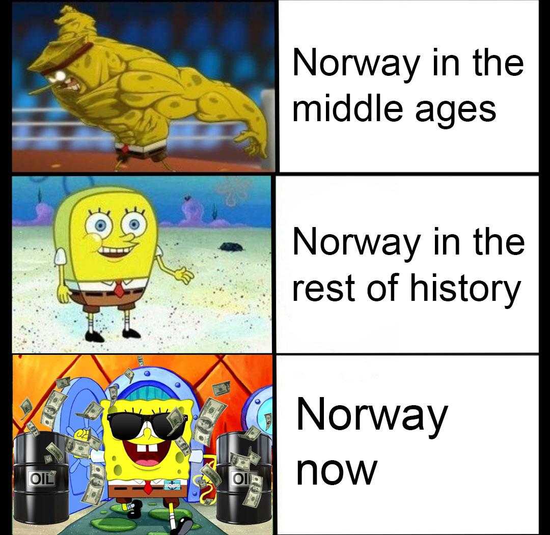 a cartoon picture of a yellow spongeboat with a caption of norway in the middle ages norway in the rest of history norway now