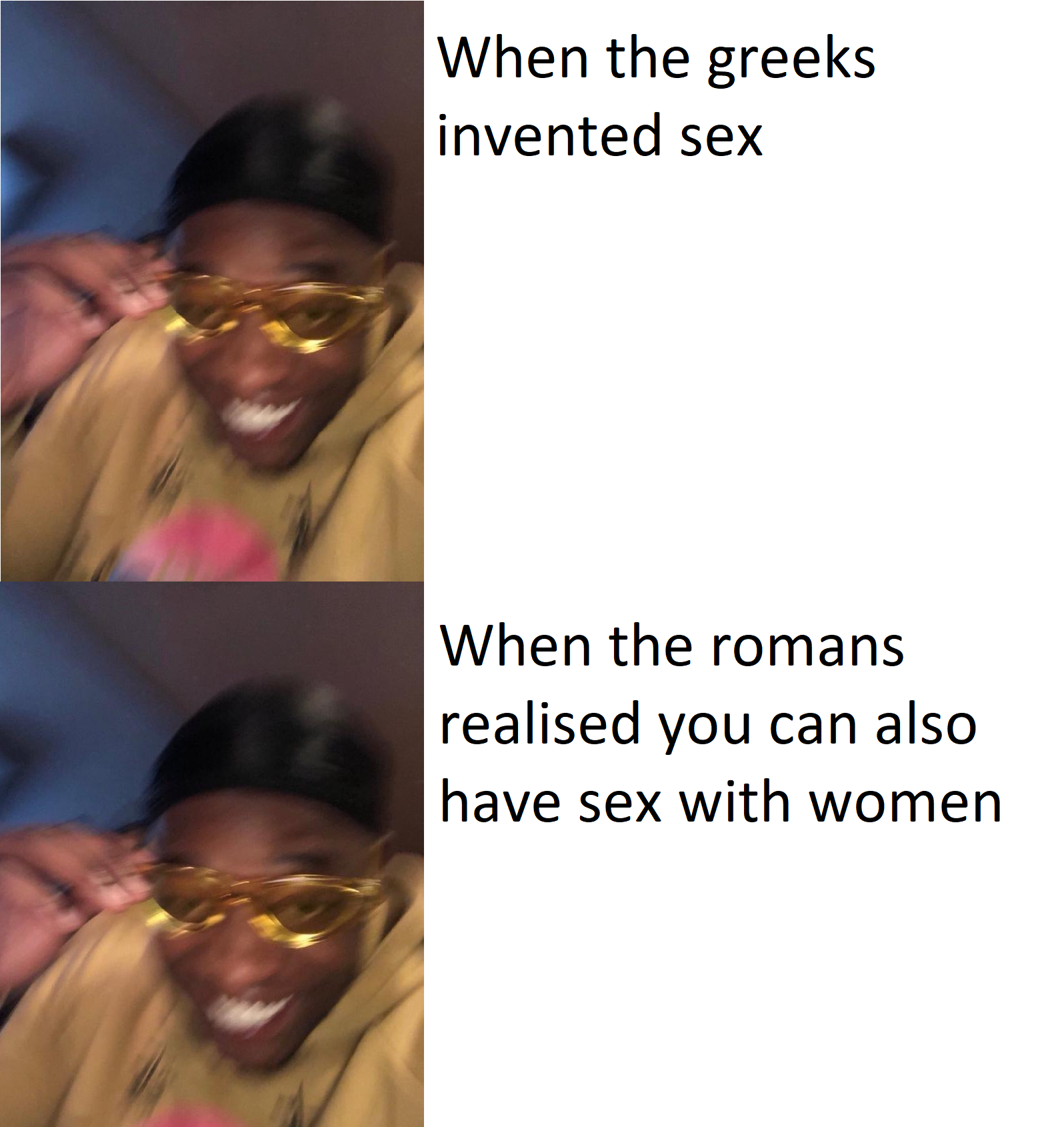 woman with glasses on her face and a caption that reads when the greeks invented sex