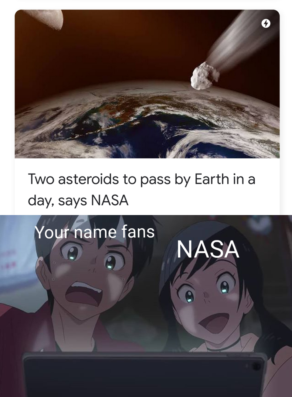 a cartoon picture of two astronauts pass by earth in a day, says nasa your name fans nasa