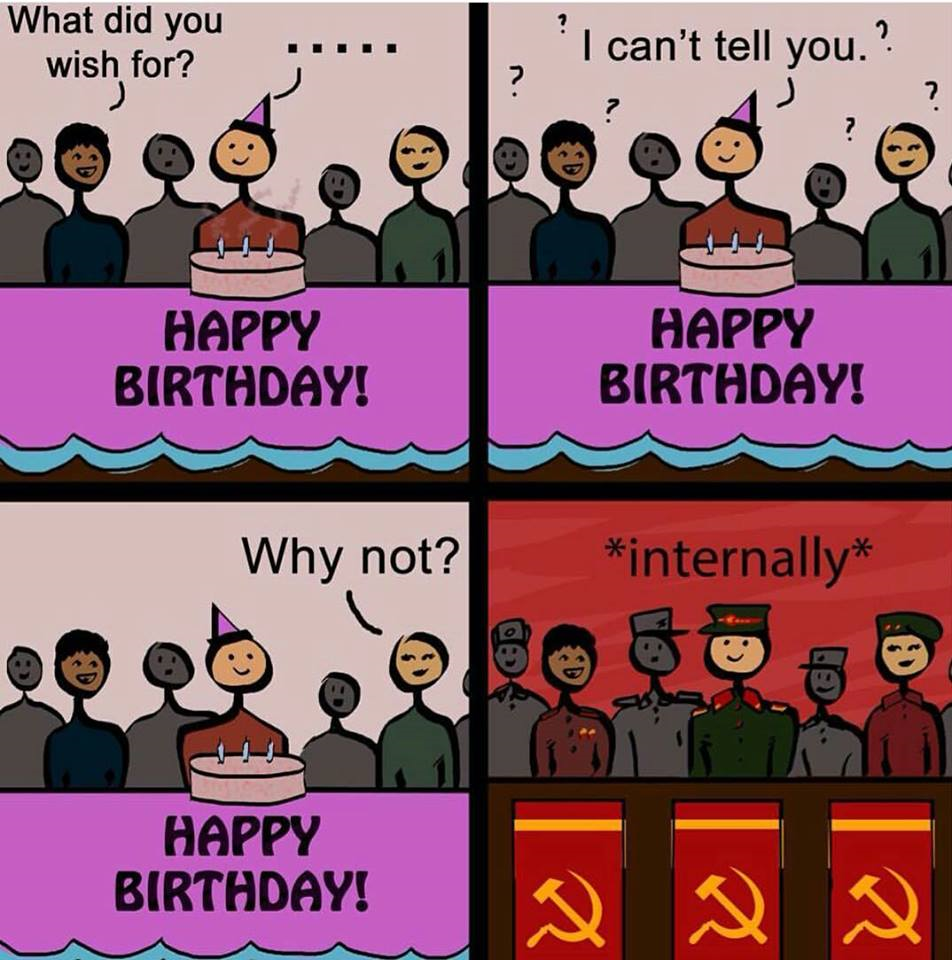 cartoon of a group of people celebrating a birthday with a cake