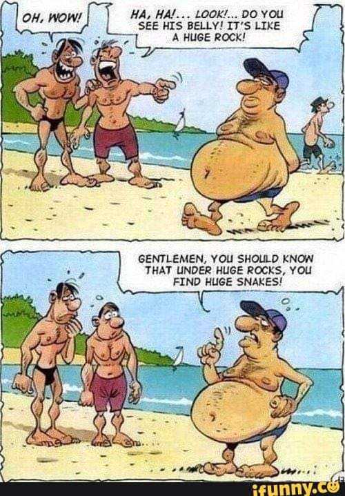 a cartoon of a man on the beach with a big belly