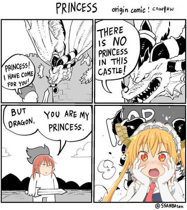 a cartoon comic strip with a girl and a dragon in the background