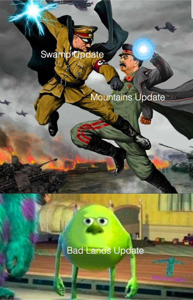 a cartoon picture of a man and a monster with a caption saying, swamp update mountains update bad bands