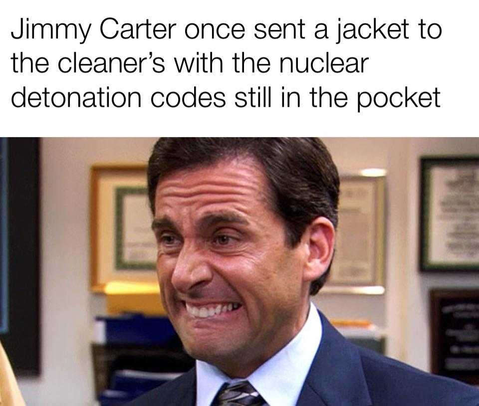 man in a suit and tie with a caption that reads jimmy carter one set a jacket to the clearer ' s with the nuclear detcation