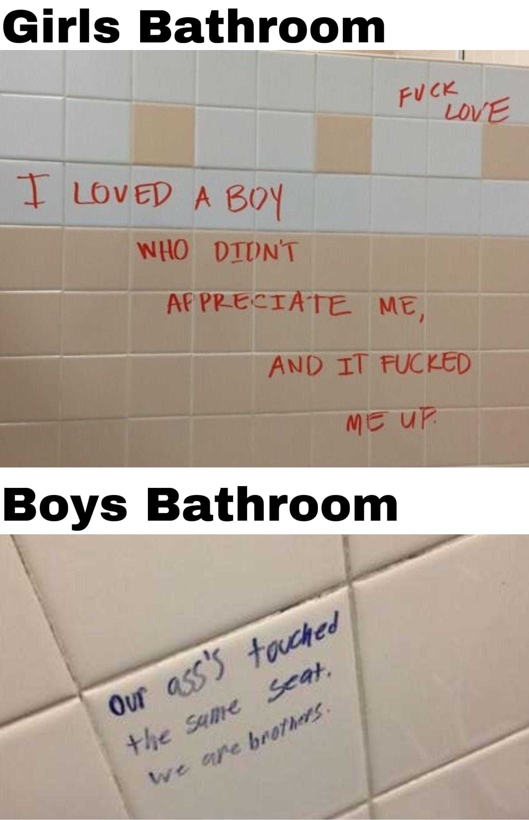 there are two pictures of a bathroom with a boy ' s bathroom written on the wall