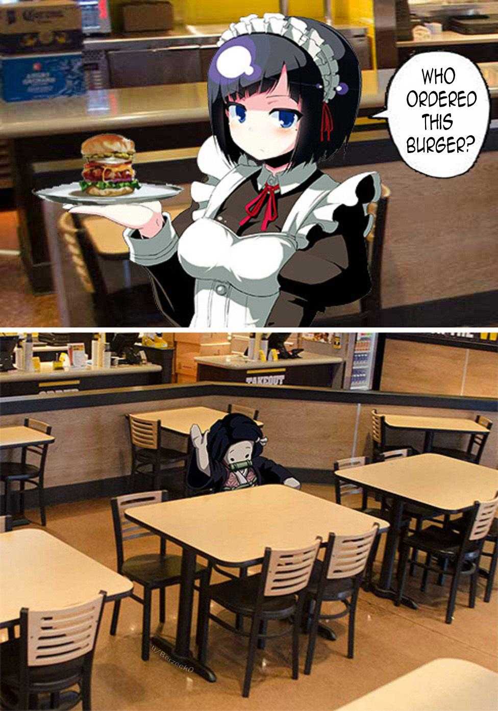 anime character holding a tray of food in a restaurant