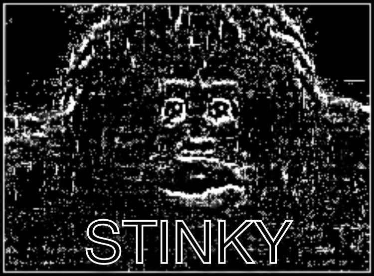 a black and white photo of a gorilla with the words stinky