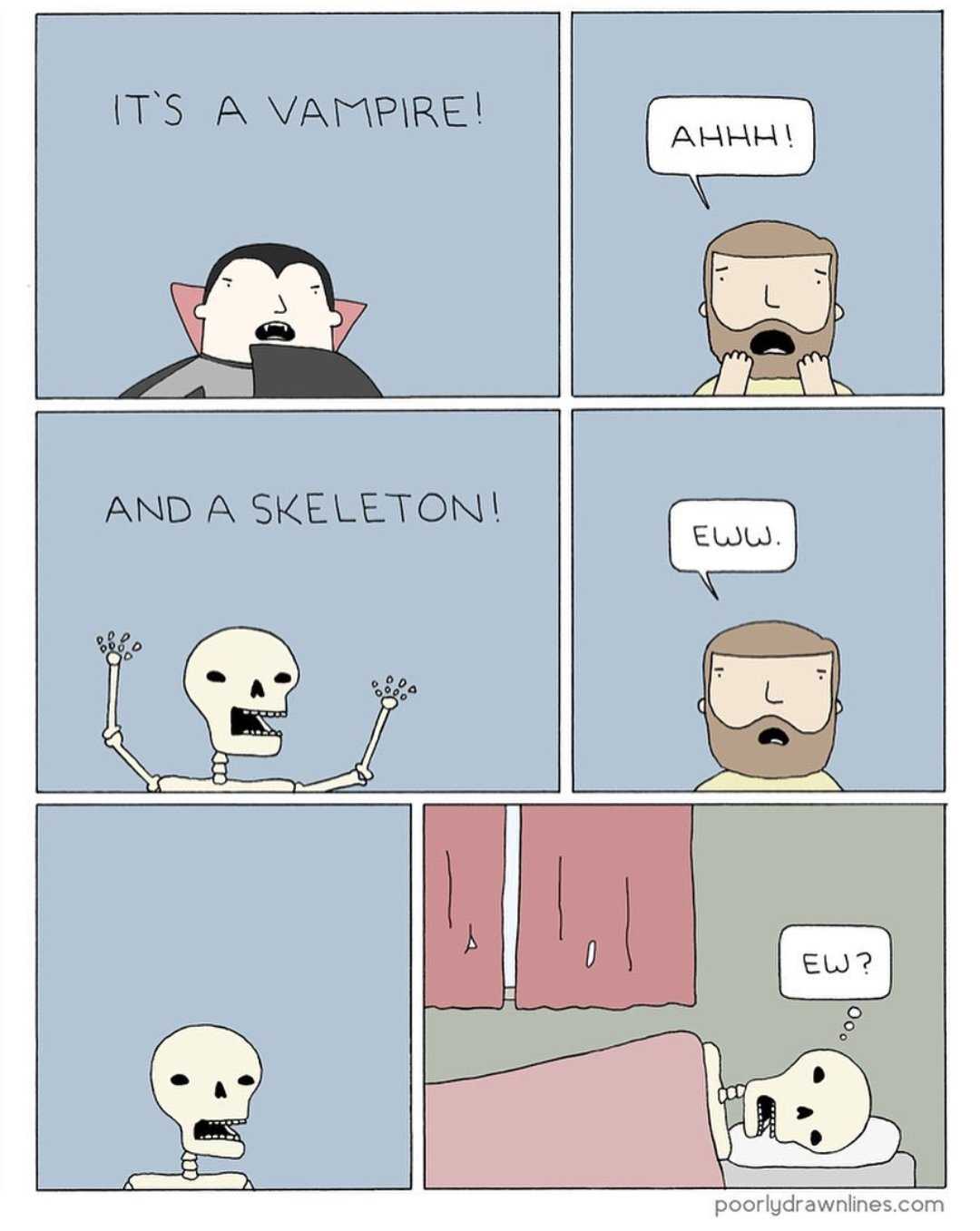 a cartoon of a skeleton and a skeleton in a bed