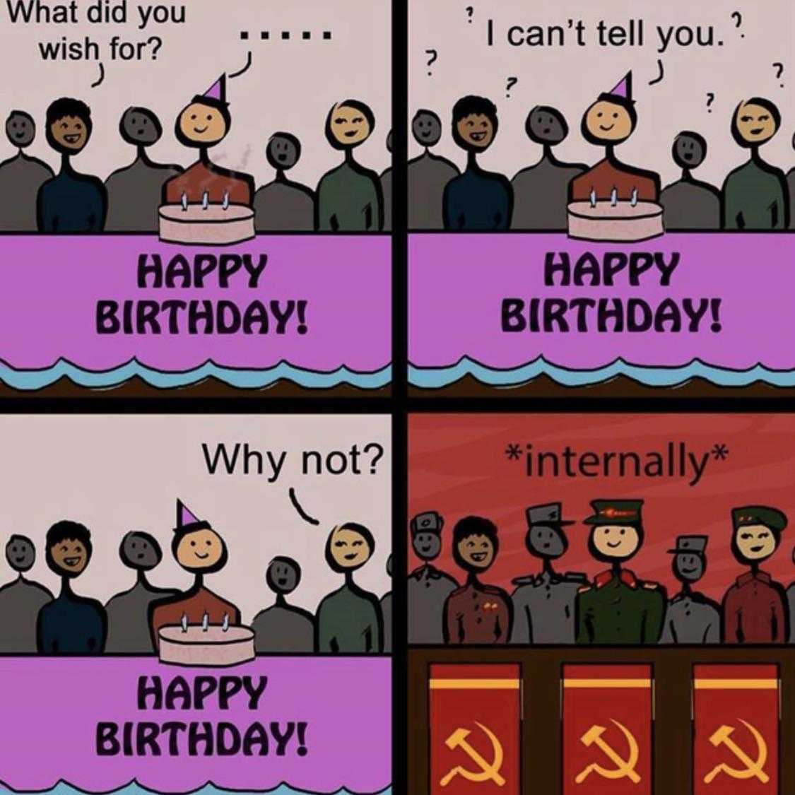 cartoon of a group of people with a cake and a happy birthday sign