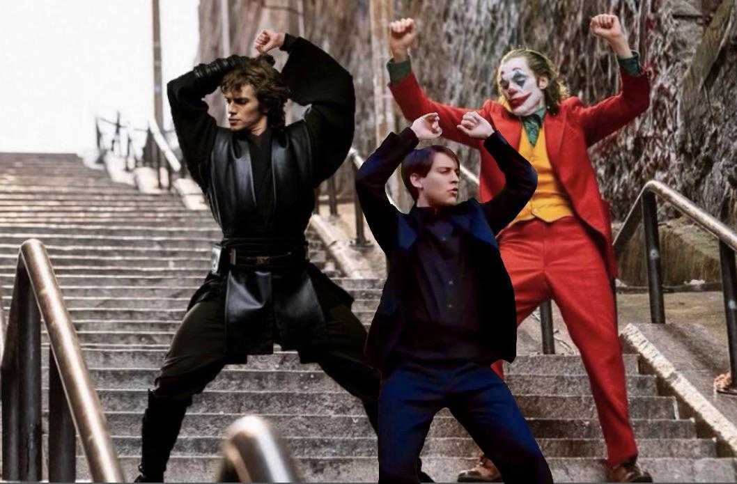 three men dressed in joker costumes are standing on a set of stairs