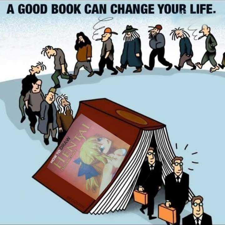 cartoon of a book with a cover of a book and people walking around it