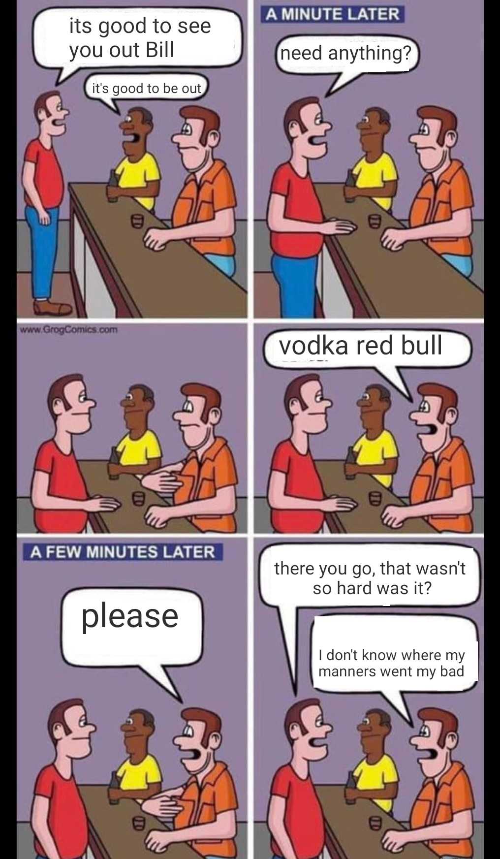 a cartoon of a man talking to another man about a red bull